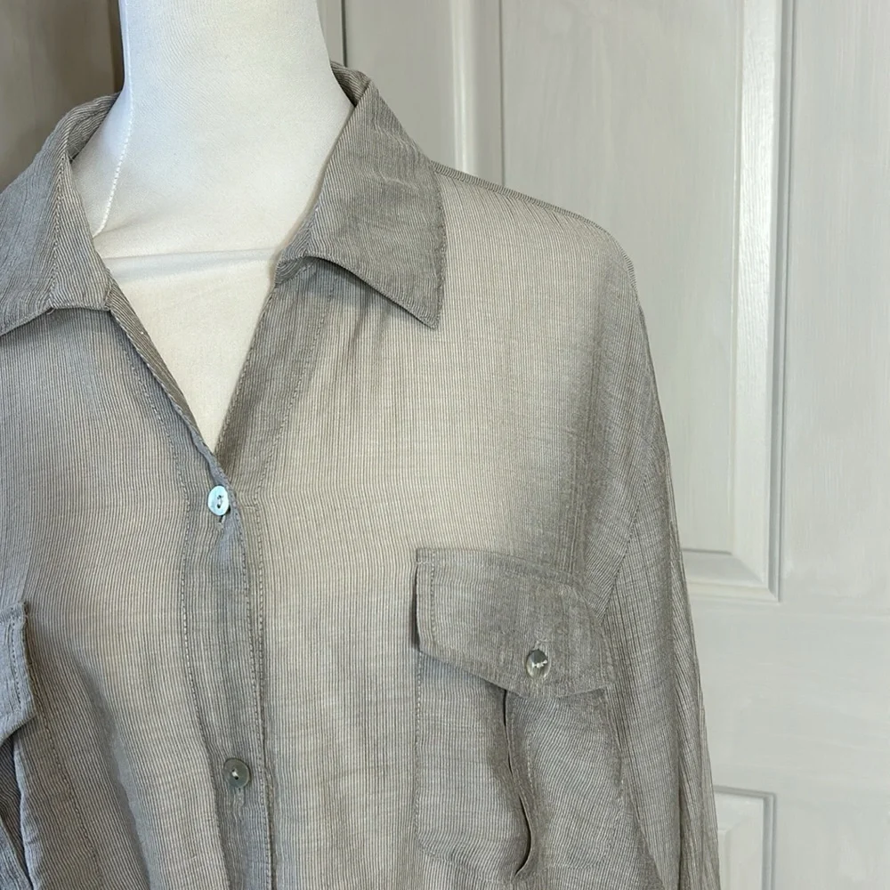 Chico’s Grey Linen-Look Tie Front Button-Up Shirt Sz 3 (XL)
